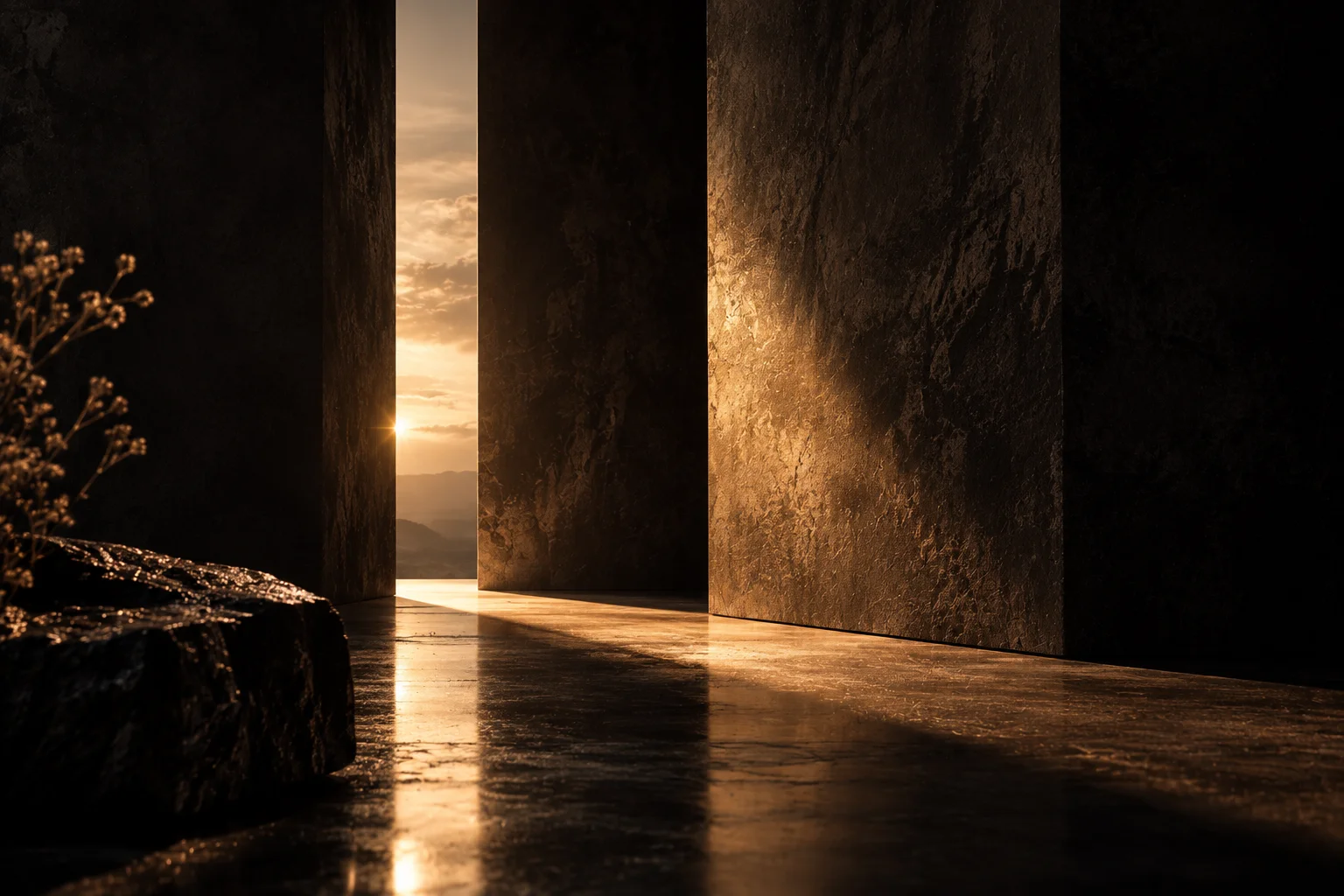 Dark architectural scene illuminated by warm golden light